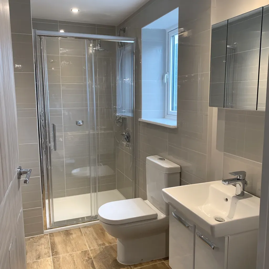 Compact bathroom with an enclosed shower and white vanity