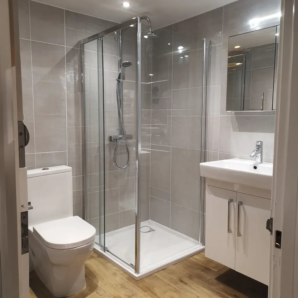Corner shower and white vanity on a wood-effect floor