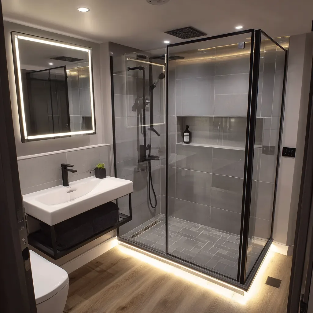 Black-framed shower beside a wood vanity