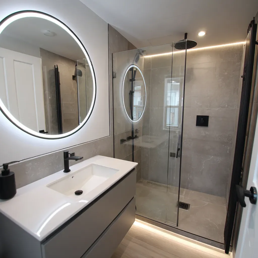 Narrow ensuite with a grey vanity and glazed shower