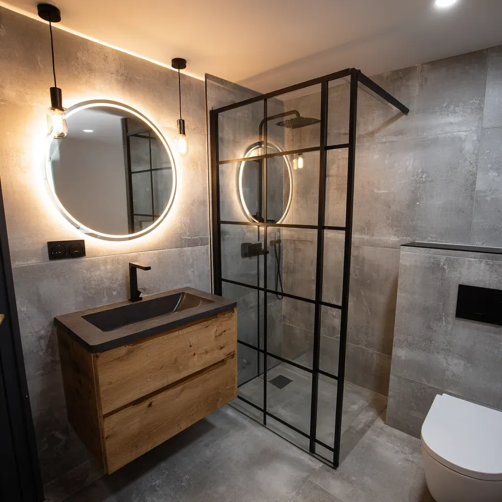 Compact bathroom with a fitted vanity and glass shower